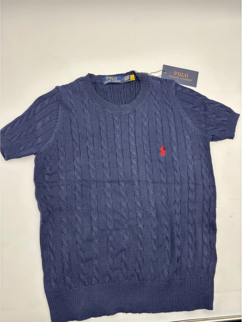 Polo Ralph Lauren NWT Women’s Pima Cotton Short Sleeve Cable Knit Blue L NEW!!